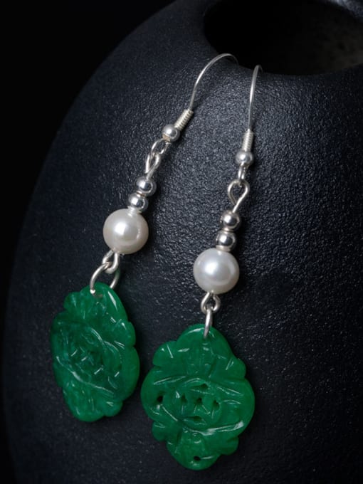 Christian Retro style Shell Pearls Green Emerald 925 Silver Earrings