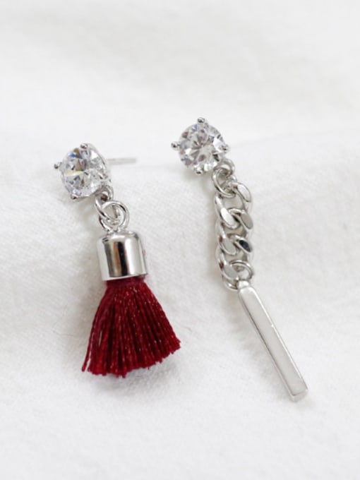 Arya Fashion Asymmetrical Red Tassels Silver Earrings