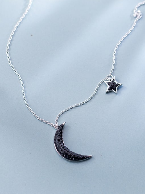 Tina Sterling Silver unique black Rhinestone star and Moon Necklace