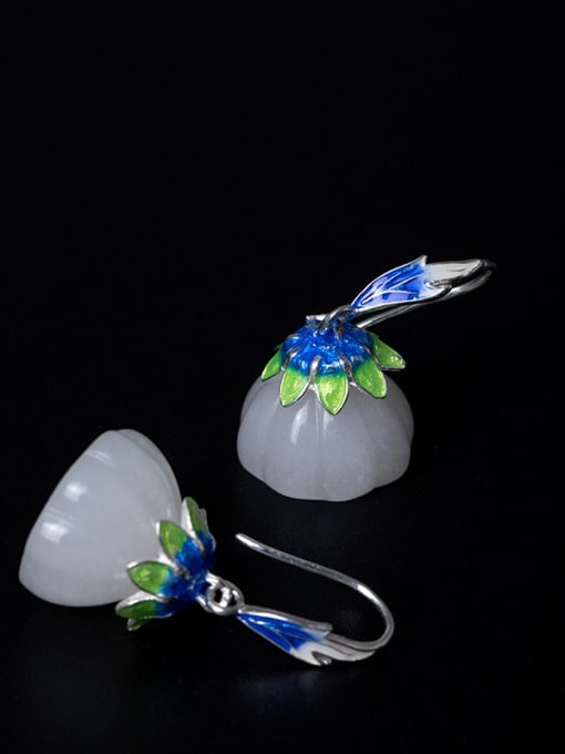 Christian Ethnic style White Jade Lotus Seedpod 925 Silver Earrings