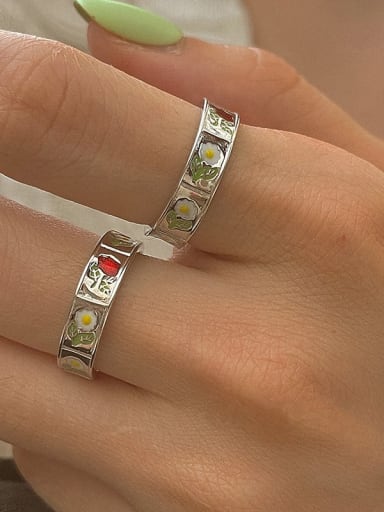 925 Sterling Silver With  Enamel Flower Band Rings