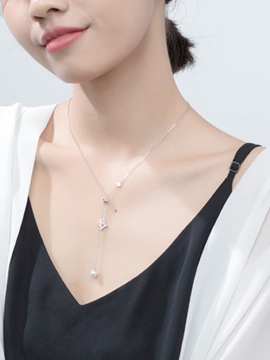 Sterling silver micro-inlay zricon geometric sweet synthetic pearl clavicle chain