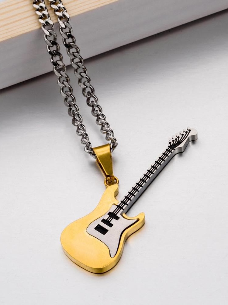 Guitar Pendant Necklace Mens Black Stainless Steel Tomade Guitar Pendant Necklace Mens Black Stainless Steel