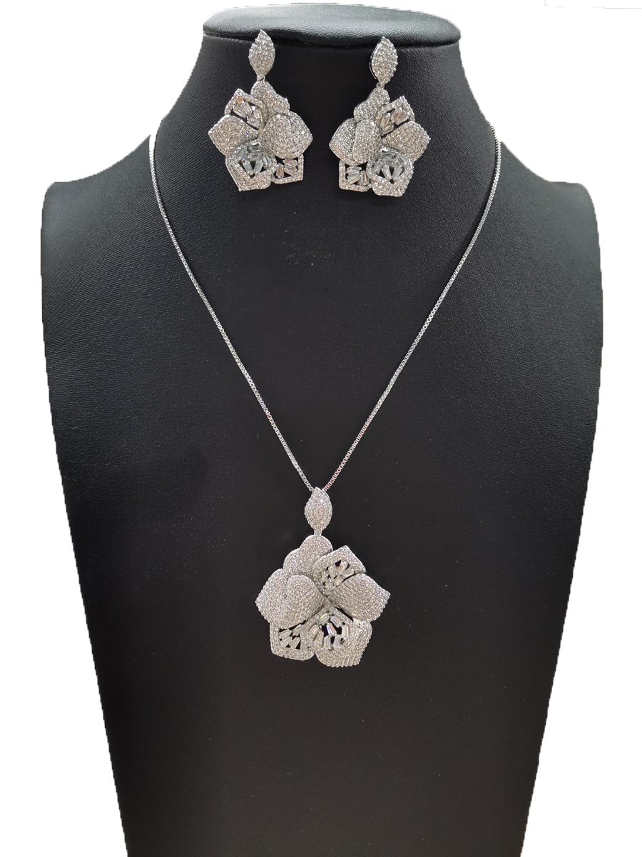 Gold Plated Enamel Flower Plant Cubic Zirconia Crystal 2 pieces Jewelry Set