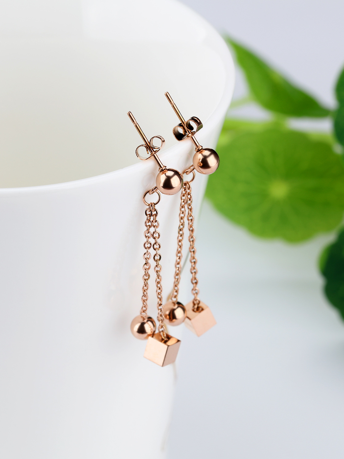 Simple Rose Gold Plated Little Cube Bead Drop Earrings 1000018458