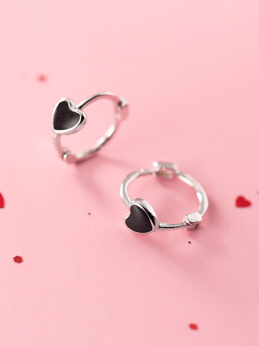 925 Sterling Silver Black Enamel Heart Cute Clip On Earrings 1000050838