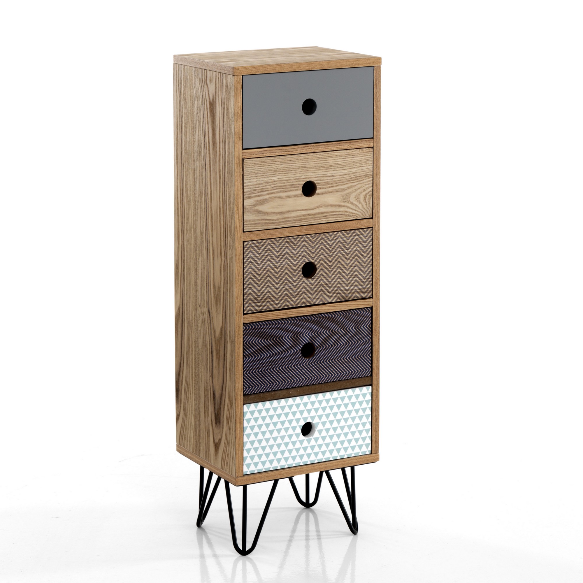 Comò alto 5 cassetti effetto legno multicolore cm. H.90 x L.30 x P.25