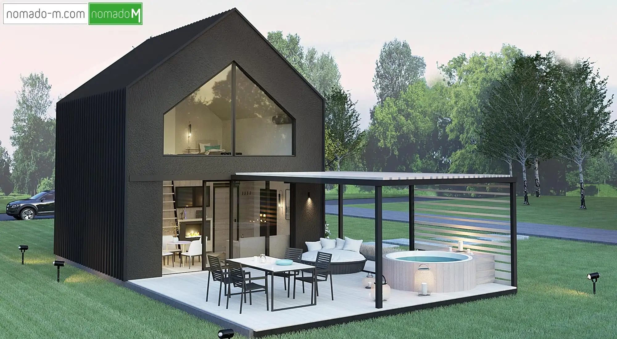 nM TECHO - domy modułowe - Dom modułowy z dachem dwuspadowym i duzym efektownym przeszkleniem to pomysł na dom całoroczny do 35m2
