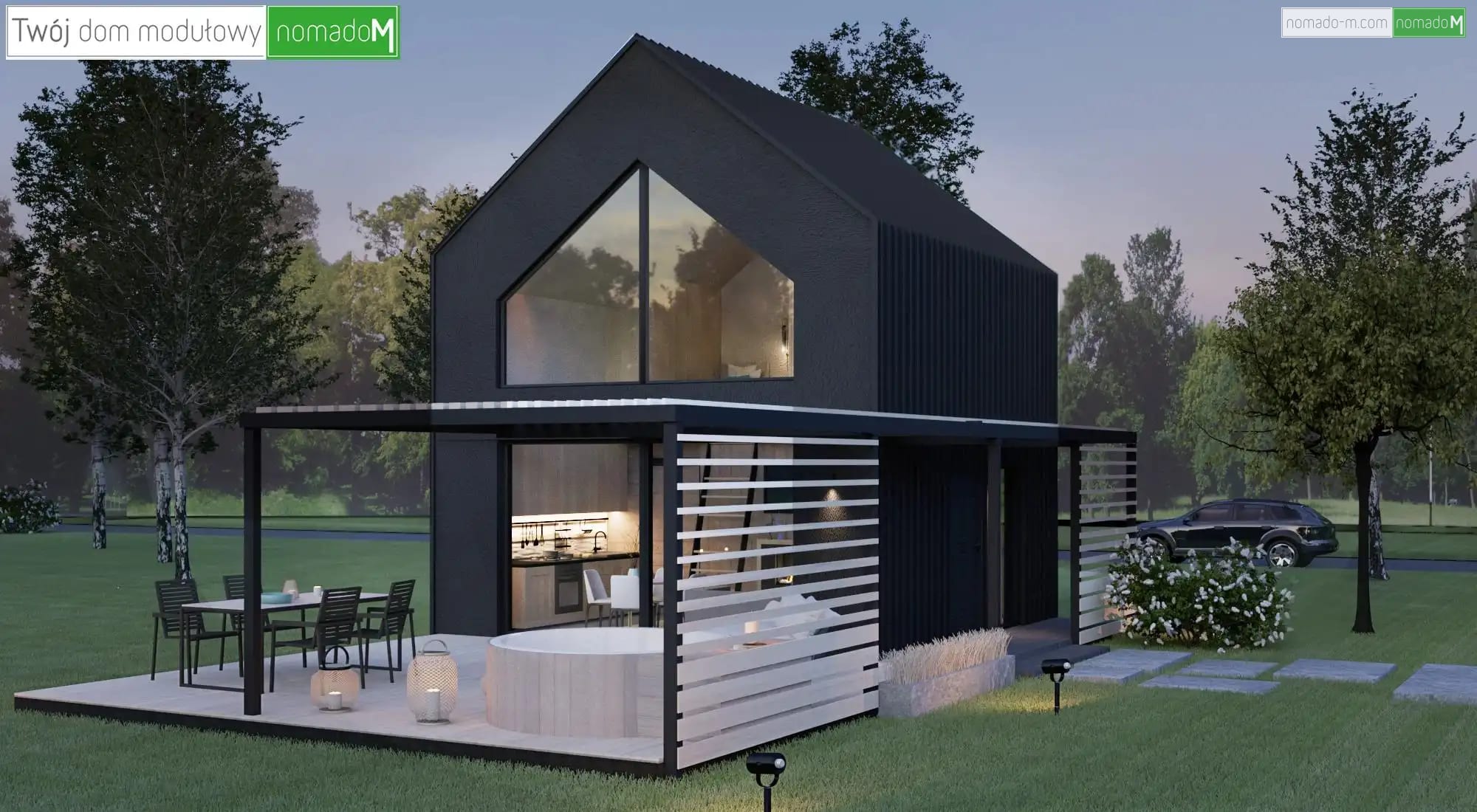 nM TECHO - domy modułowe - Dom całoroczny do 35 m2 to pomysł na ciekawą bryłę domu z tarasem i pergolą 
