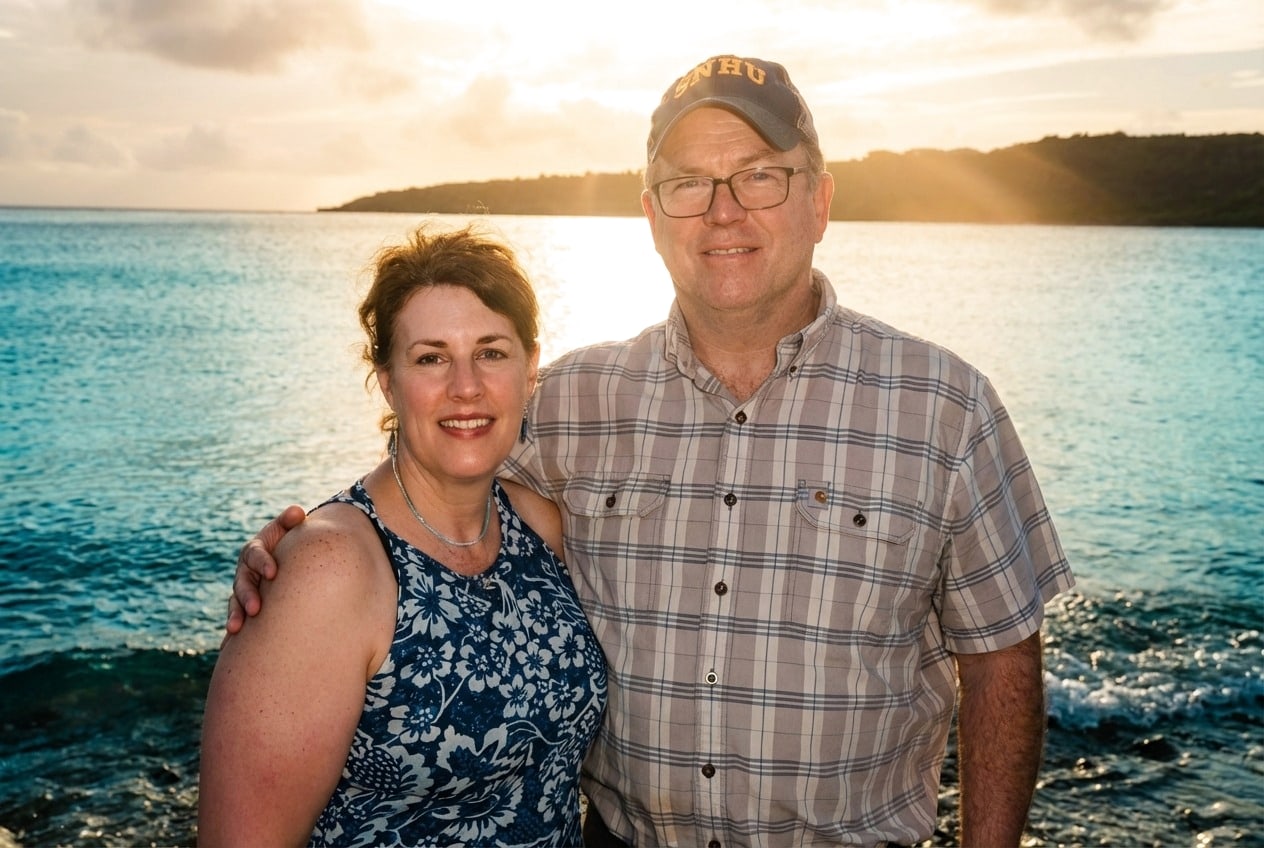 Becky and her husband at sunset in Curaçao