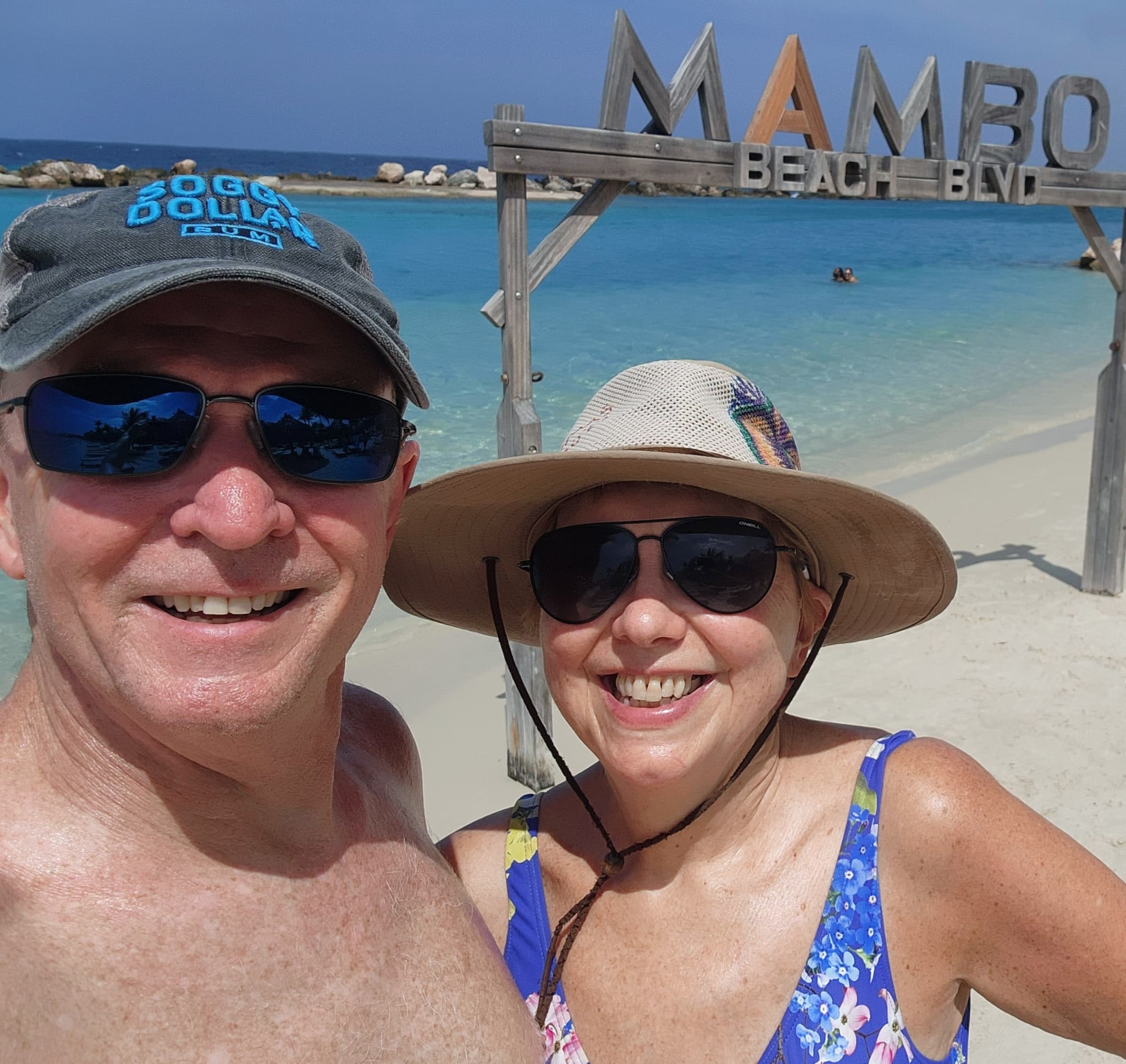 Janice Hill and her husband at Mambo Beach, Curaçao