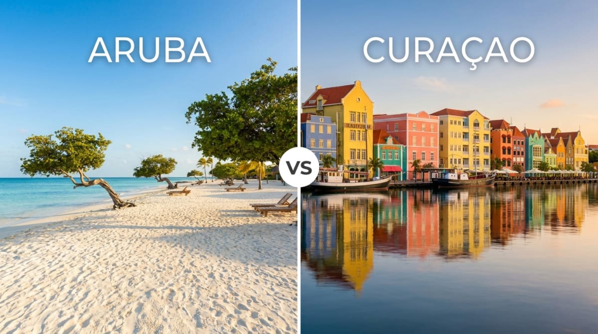 Side-by-side views of Aruba’s beach and Willemstad’s waterfront in Curaçao