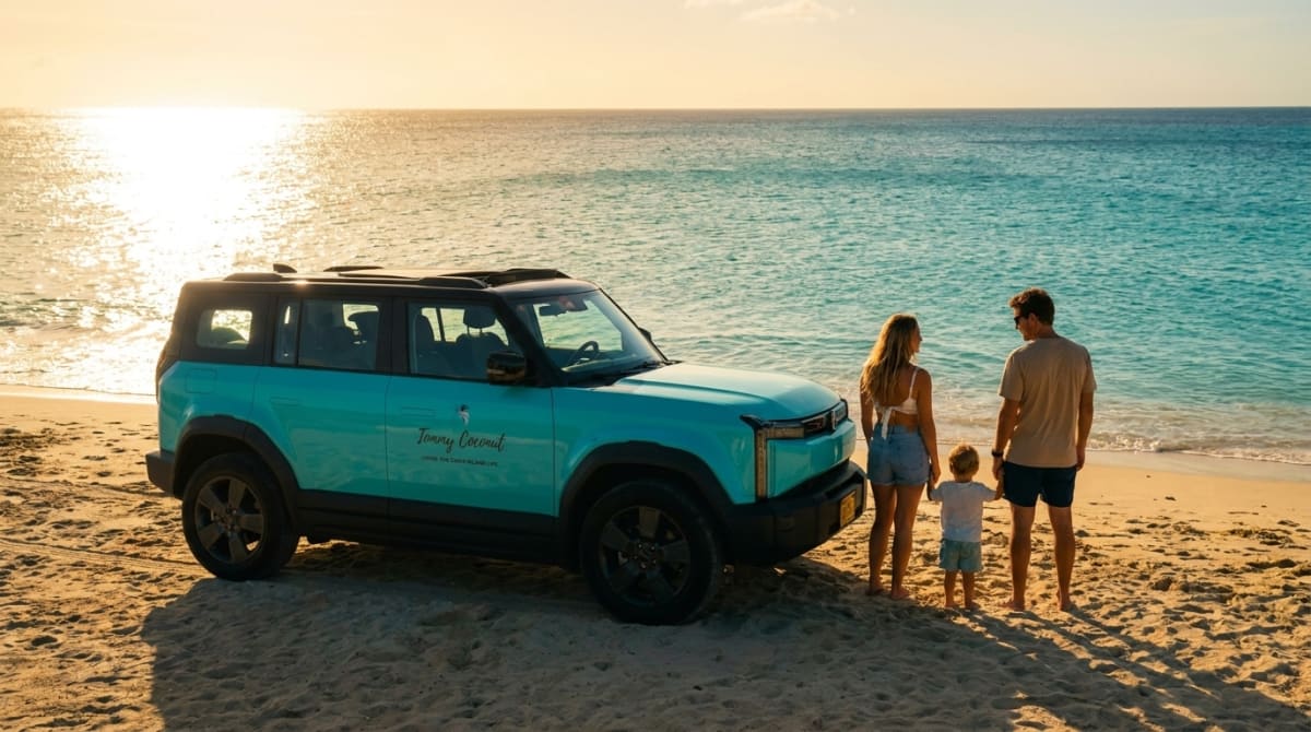 A family beside a Tommy Coconut vehicle on the Curaçao coast