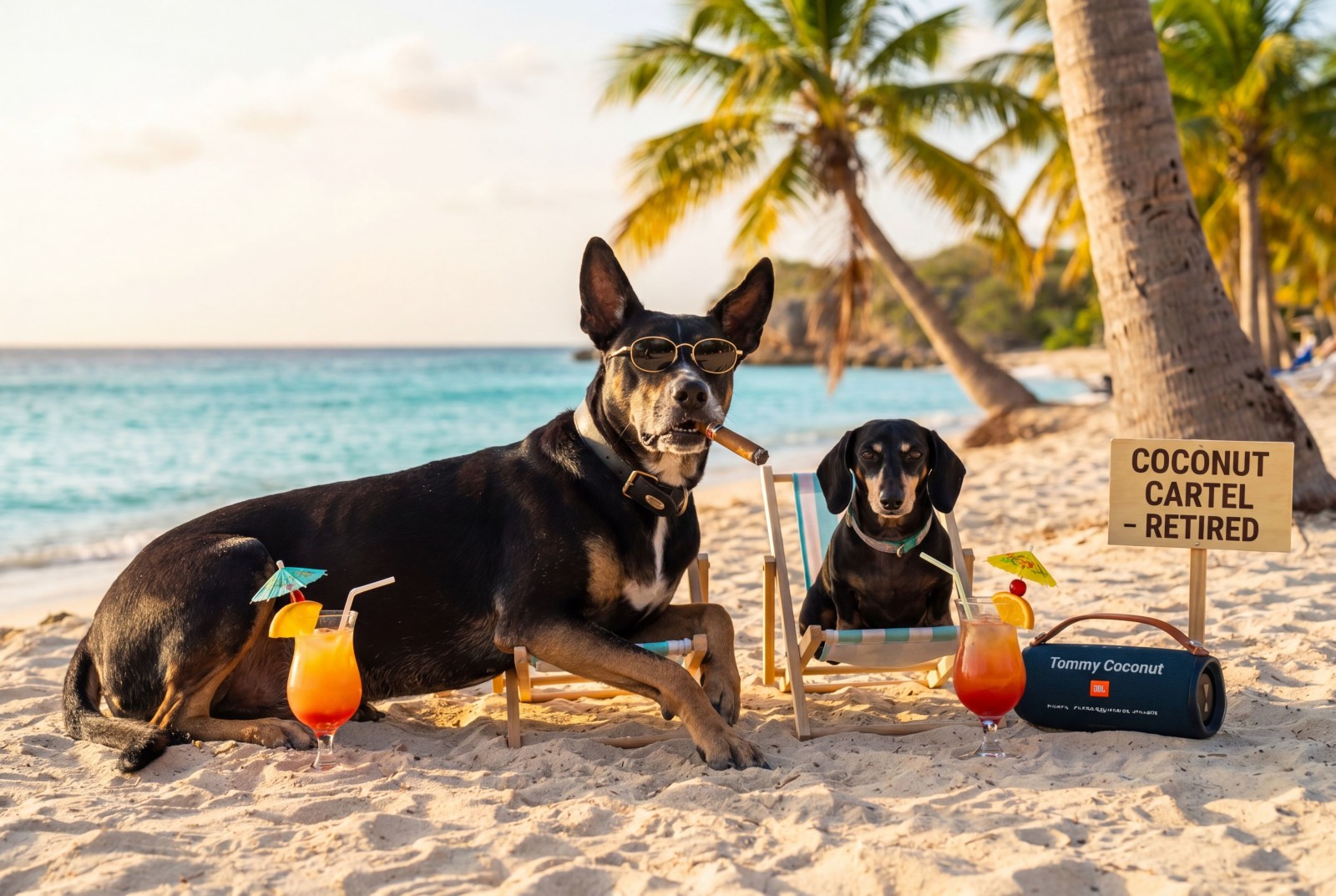 Christmas and Wolfy — the two retired Coconut Cartel dogs — Jan Thiel, Curaçao