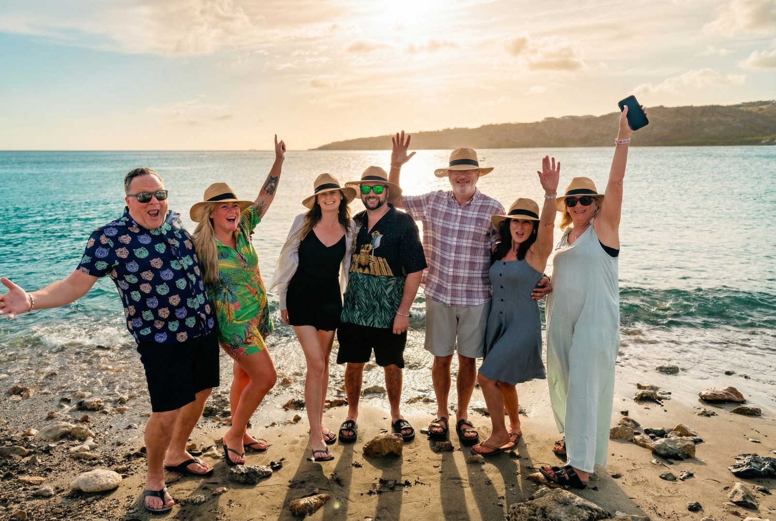 A group of guests in straw hats cheering on the beach at sunset