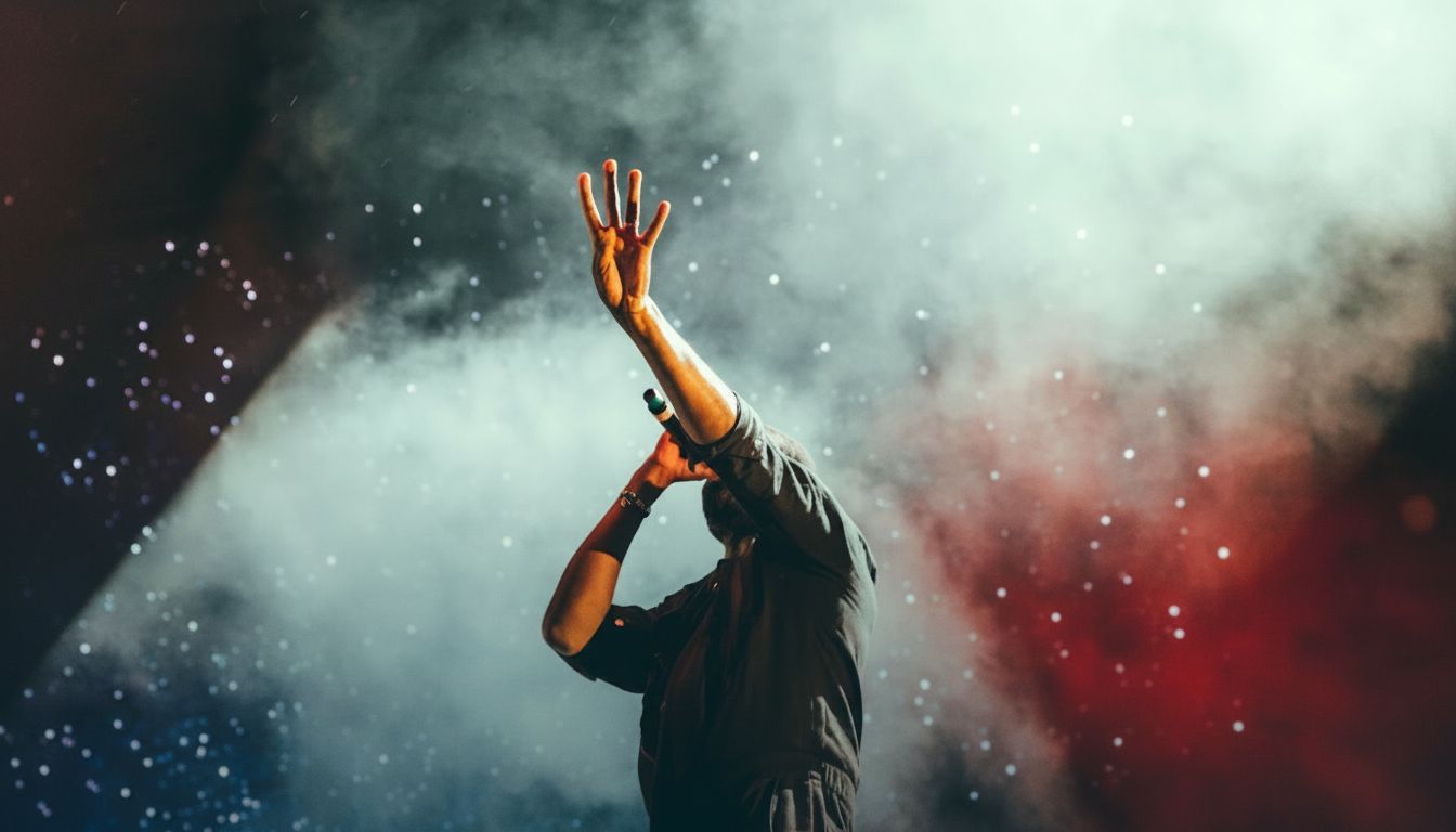 A singer with one hand raised on a smoky, lit stage