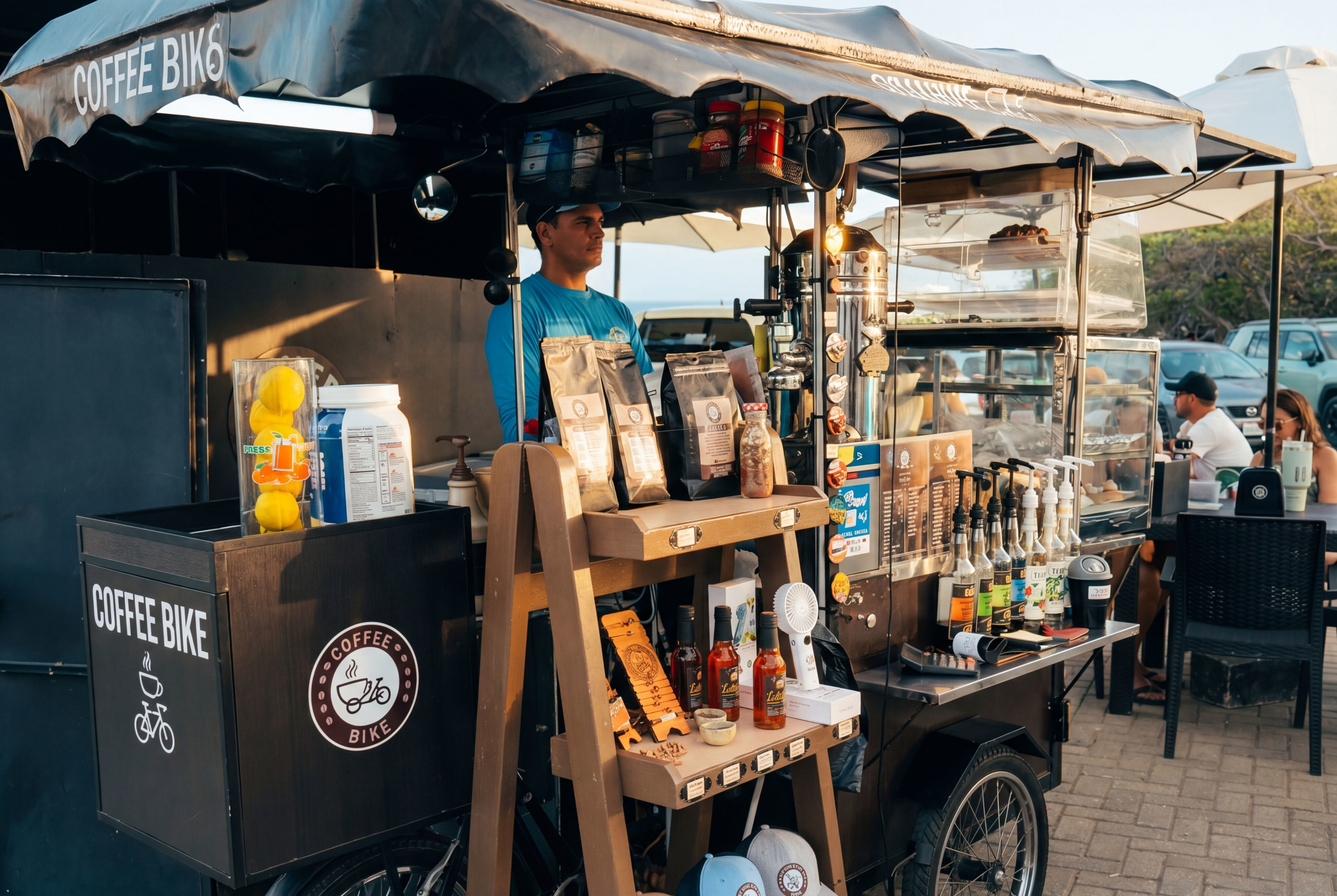 Local coffee bike roaming Jan Thiel at sunrise, barista pulling a shot