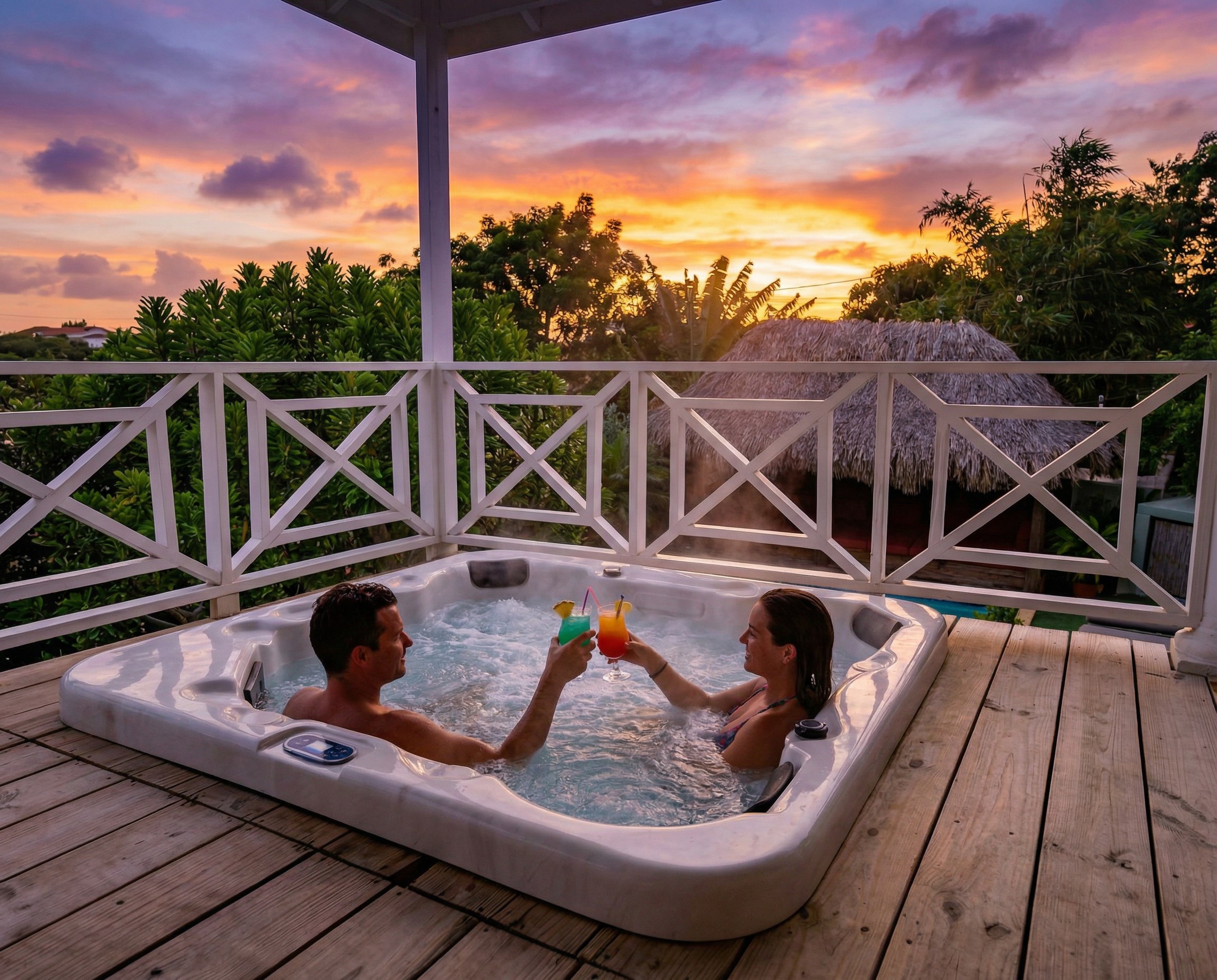 A couple toasting with cocktails in the estate's hot tub at sunset — thatched palapa and purple-pink sky behind them, Jan Thiel, Curaçao.