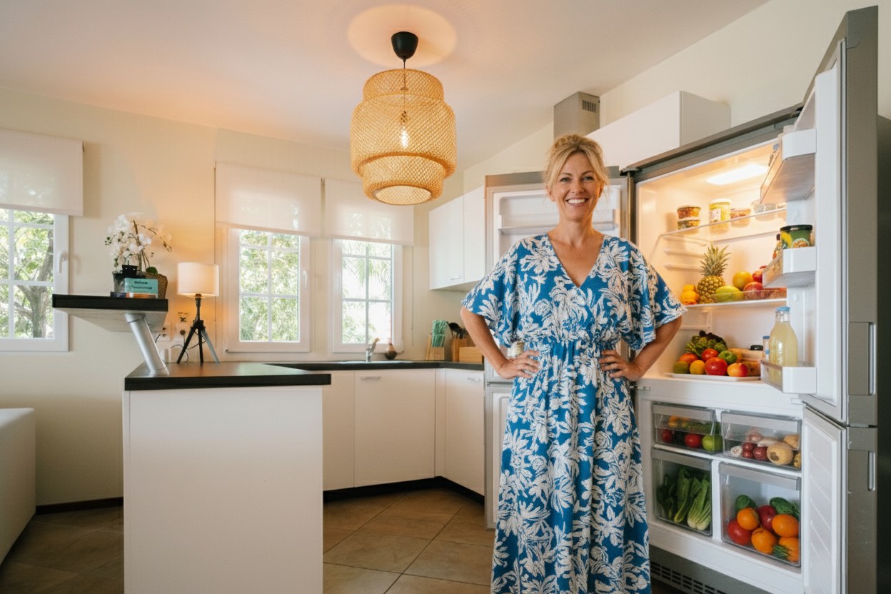 Stocked estate kitchen counter — local fruit, eggs, fresh bread, coffee pot, morning light