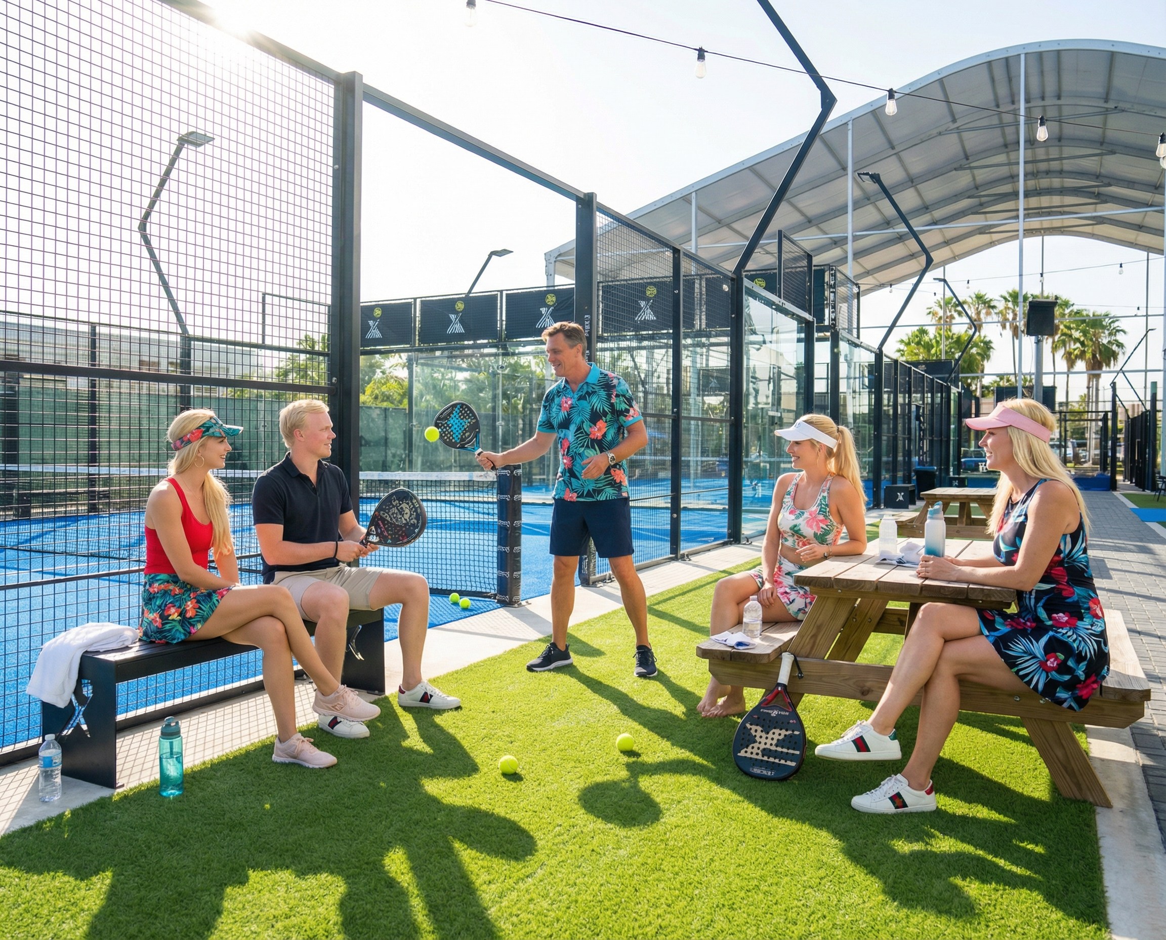 Padel court at a Jan Thiel club late afternoon, doubles match in progress, golden-hour light on the glass walls