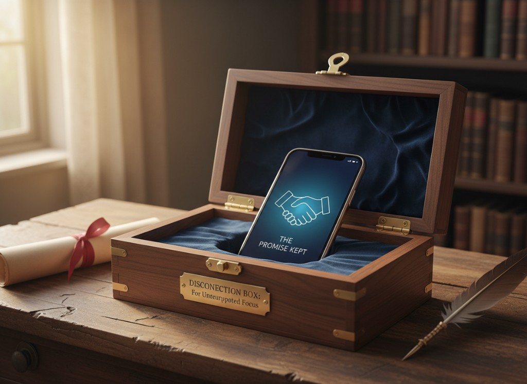 A phone placed inside a wooden disconnection box on an estate desk — feather quill and scroll beside it. The picture of the promise.