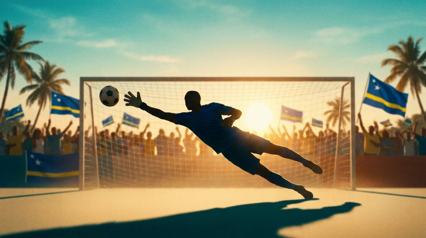 A goalkeeper in blue diving to make a save at golden hour, island crowd in blue behind the goal