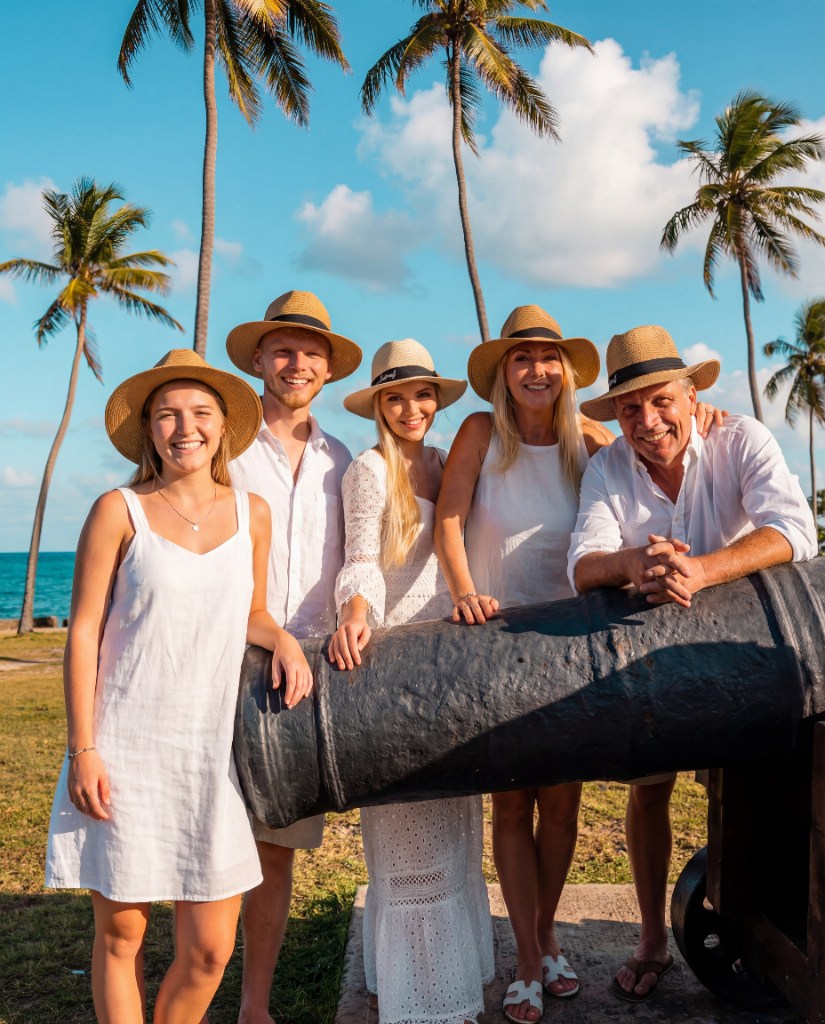 The Tommy Coconut family — Britt, Boy, Raymonde, Kim and Ray in straw hats and white linen, beside a cannon under the palms on Jan Thiel, Curaçao.