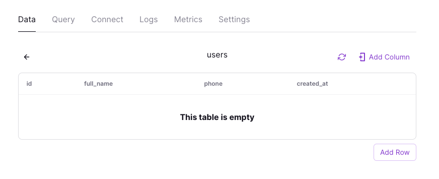 The users table in railway.app with the new column