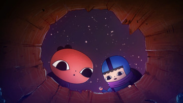 Animated alien bug and boy looking into a crater