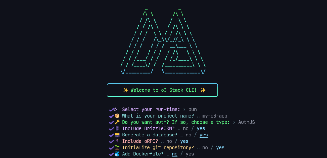 Terminal screenshot showing create-o3-app in action