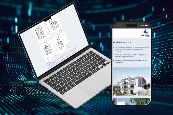 Illustration mit Laptop und Smartphone der gewobau Website Wohnen in Rüsselsheim, mit Wohnungsgrundrissen.