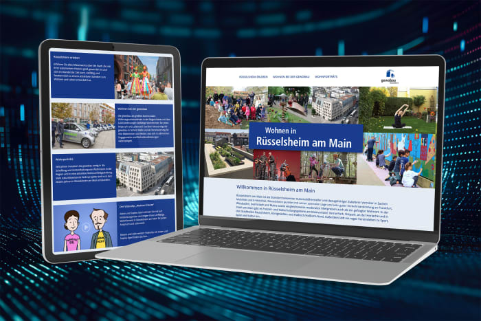 Illustration der Website Wohnen in Rüsselsheim am Main von gewobau auf Laptop und Tablet