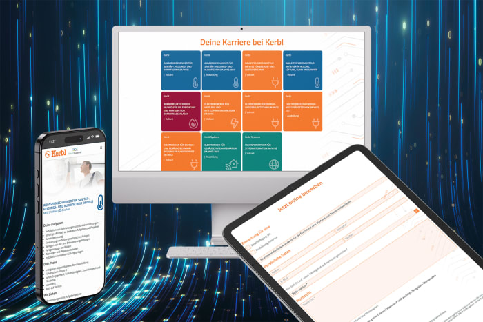 Responsive Karriereseite von Kerbl auf Monitor, Smartphone und Tablet mit Stellenanzeigen und Bewerbungsformular