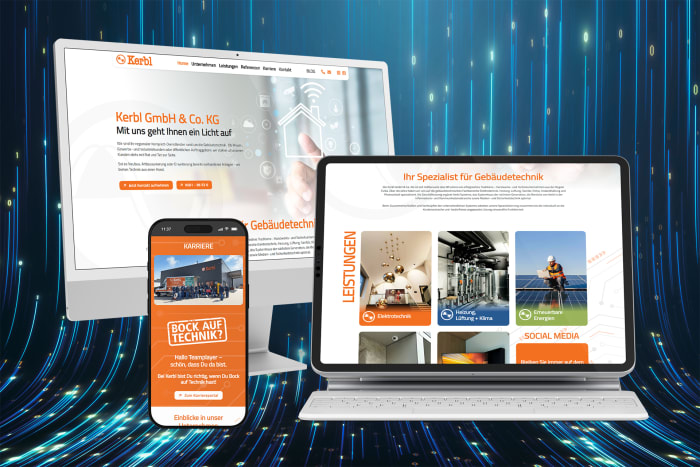 Website Mockup für Kerbl GmbH & Co. KG auf Desktop, Laptop und Smartphone vor blauem Digitalhintergrund