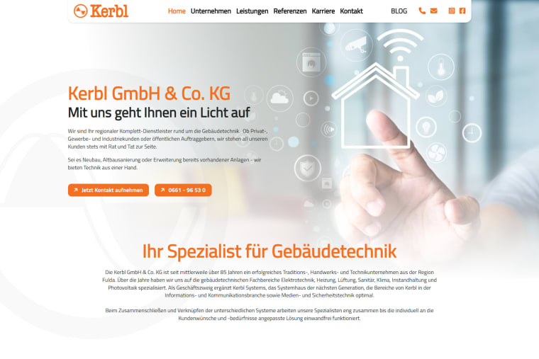 Screenshot der Kerbl Website mit Navigationsleiste, Gebäudetechnik Headline und Smart Home Motiv