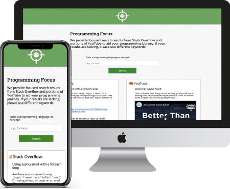 desktop and mobile screenshots of landing page for Programming Focus website