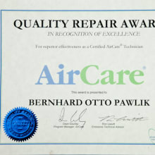 Vancouver AirCare Repairs AirCare Award certificate