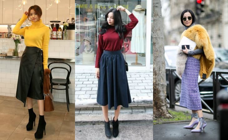 Chân váy midi cùng giày boot cổ thấp