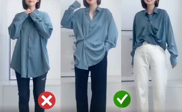Áo sơ mi nữ form rộng hô biến thành áo sơ mi cài lệch