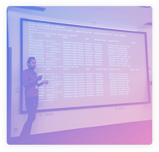 [photo] Palo the Monk presenting the Docker technology