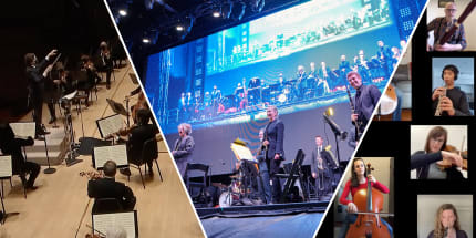 A collage featuring photos of the TSO performing on stage at Roy Thomson Hall, at City View Drive-In, and virtually in a video