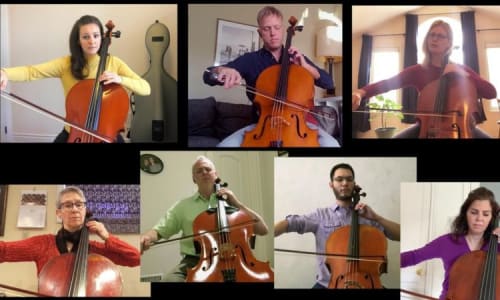 A screenshot of a video of the TSO cello section performing remotely