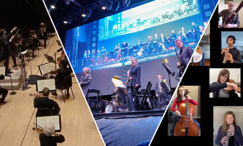 A collage featuring highlights from the 20/21 season, including performances at Roy Thomson Hall, City View Drive-In, and virtually.