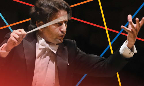 TSO Music Director Gustavo Gimeno surrounded by colourful lines