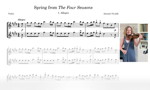 A screenshot from a TSO Virtual Duets video featuring sheet music for Spring from The Four Seasons played by TSO Violin Bridget Hunt