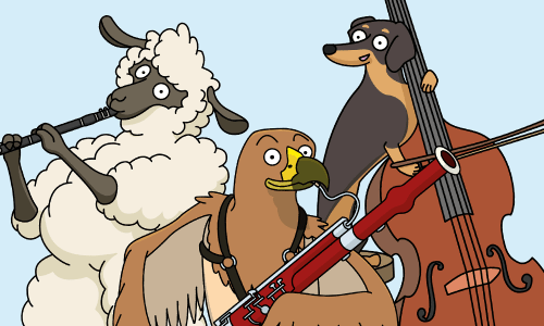 A drawing of a clarinet-playing sheep, bassoon-playing owl, and bass-playing dachshund 