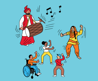 An illustration of three dancing children learning from a bhangra dancer in a colourful traditional costume. A musician is providing the dancers a rhythm by playing a dhol drum. 