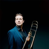 Jorgen van Rijen holding a trombone