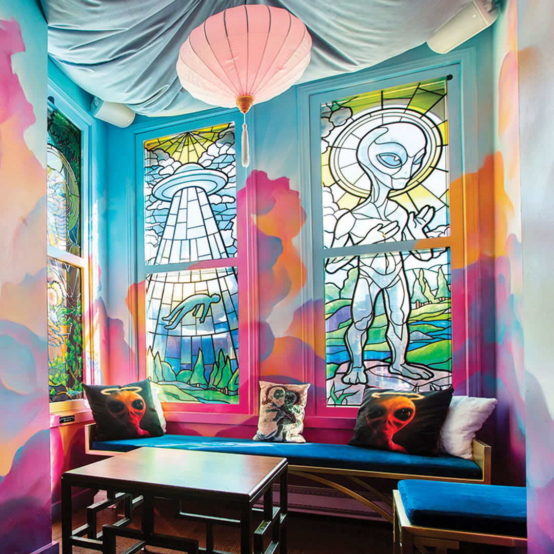 Tandem Heaven interior with alien stained glass