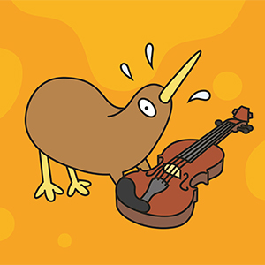 An animated kiwi bird next to an animated violin on an orange background. 